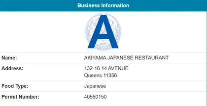 Akiyama Japanese Restaurant NYC inspection grade A, permit number 40550150.